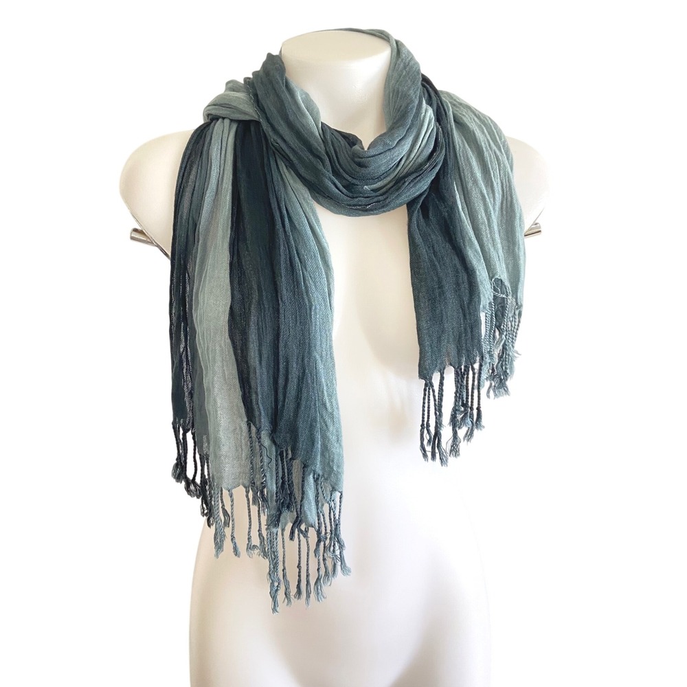 Ombre Sage Green Charcoal Grey Crinkle Gauze Scarf with Tassel Fringe Boho Shawl